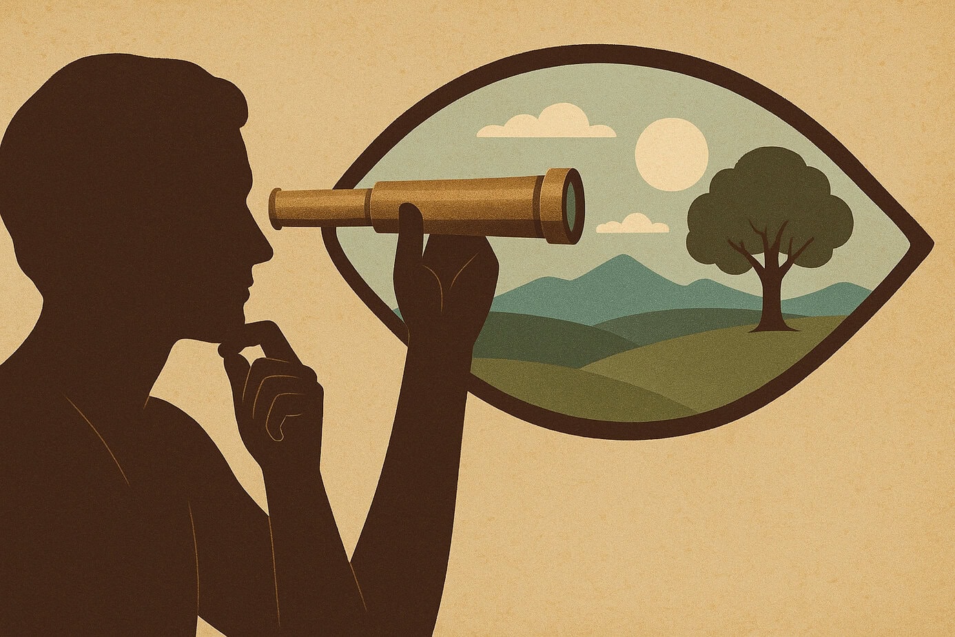 Ilustración de una persona mirando a través de un catalejo y observando un paisaje, simbolizando la importancia de mirar y observar con atención