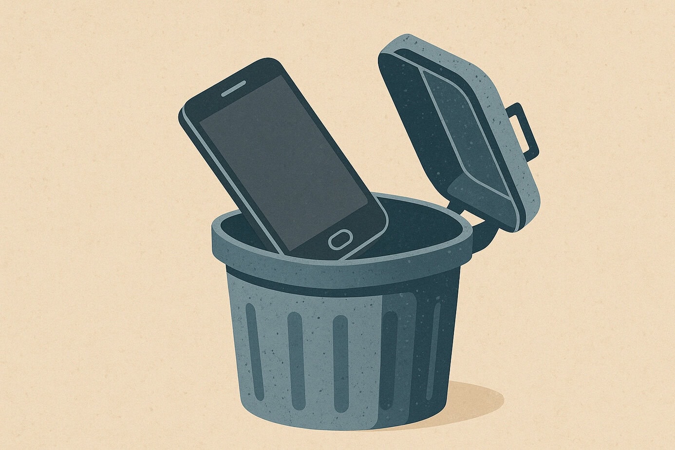 Ilustración de un móvil tirado a la basura, como metáfora visual de la desconexión digital y el deseo de desconectar